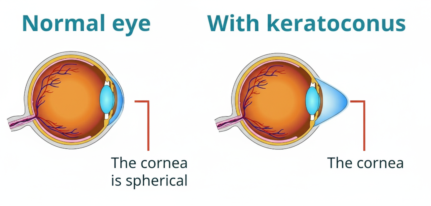 Illustration of a healthy eye versus an eye with keratoconus